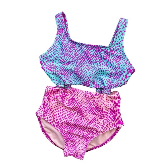 More Than Magic Other - One Piece Pink & Turquoise Print Bathing Suit with Knotted Cut Outs Size S 6/6X
